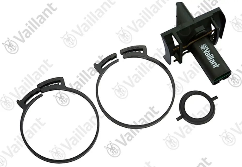 Vaillant Sensor mit Zubehörteilen und Befestigungsringen, die auf einem weißen Hintergrund angeordnet sind.